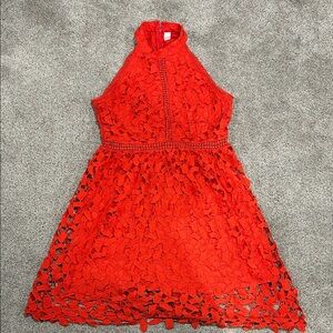 Elegant Red Crochet Lace Mock Neck Dress